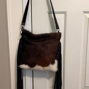 Stylish Brown and White Cow Fur and Leather Shoulder Bag